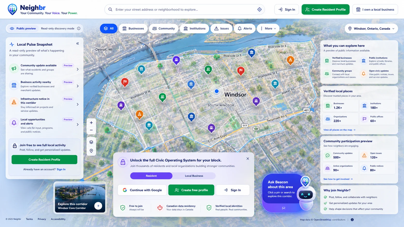 Concept preview: Neighbr public discovery view showing a 3D-style map of Windsor with civic pins, a Local Pulse Snapshot side panel, verified local places counts, and a Beacon assistant.